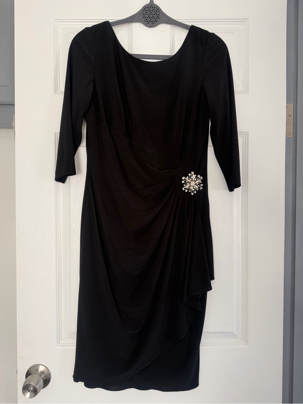 Alex Evenings Black Midi Dress with Rhinestone Brooch